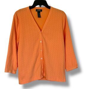 Lauren Ralph Lauren Women’s Orange Cable Knit 3/4 Sleeve Cardigan Sweater Size L